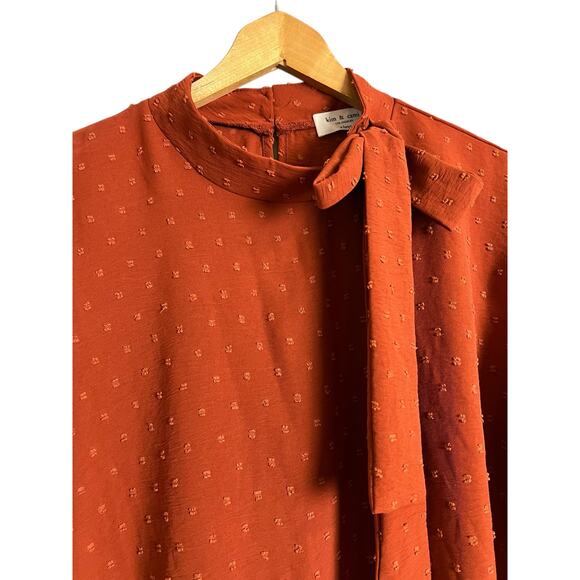 Kim & Cami Rust paprika Kitten Bow Short Sleeve Blouse Size XL Career Brunch - Picture 2 of 7